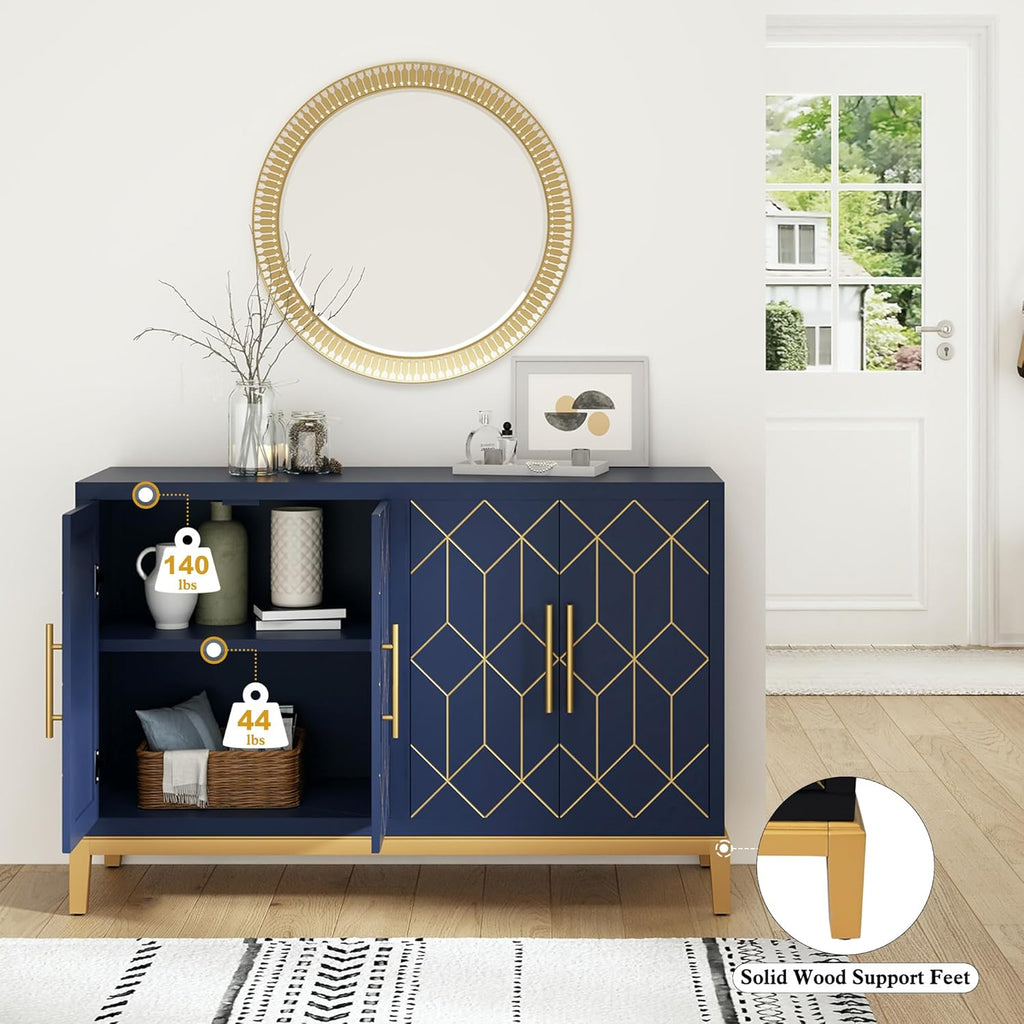 48" Accent Cabinet with 4 Doors and Shelves, Modern Credenza Storage Cabinet with Gold Trim