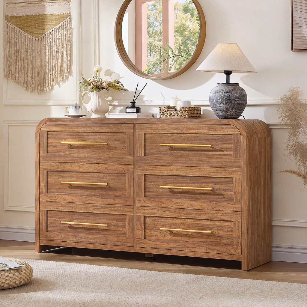 6 Drawer Dresser, Curved Chest of Drawers, Brown