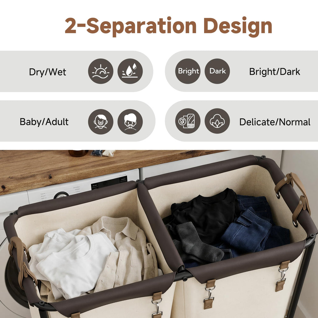 2 Section Laundry Hamper with Wheels, 280L Beige Sorter Cart