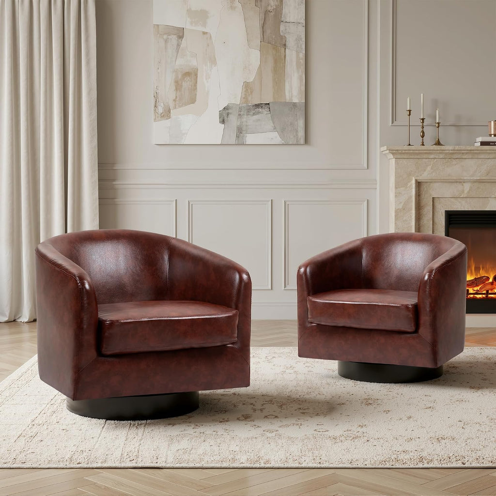 Faux Leather Swivel Accent Chair, Barrel Club Armchair, Red Brown
