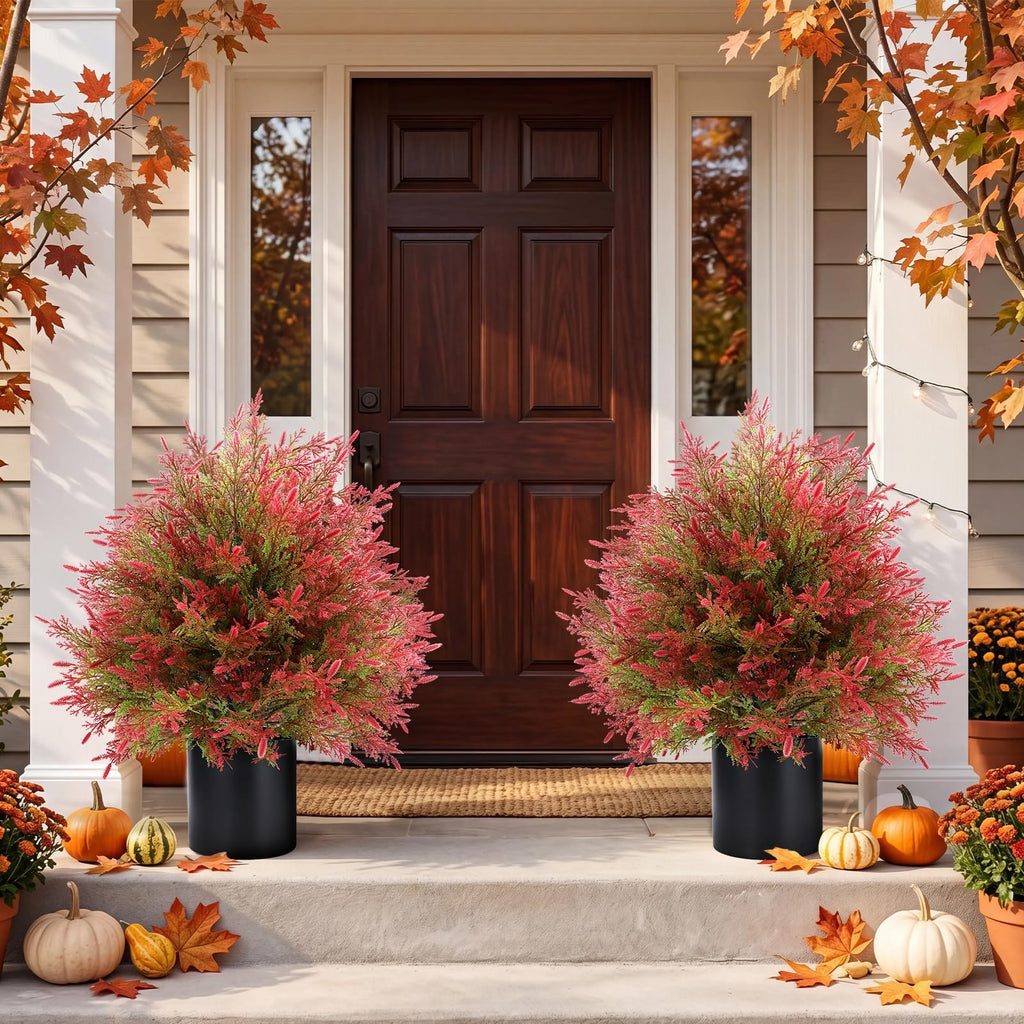 Artificial Fall Cedar Topiary Trees in Pot, 2 Pack UV Resistant Faux Greenery Shrubs, Fall Decoration for Outdoors