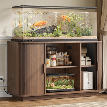 55-75 Gallon Fish Tank Stand with Power Outlet, Fluted Sliding Door