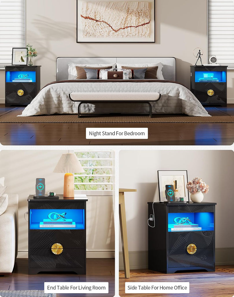 LED Nightstand with Gun Drawer, Modern Bedside Table with 3-Color Lights & Human Sensor, Smart Night Stand with