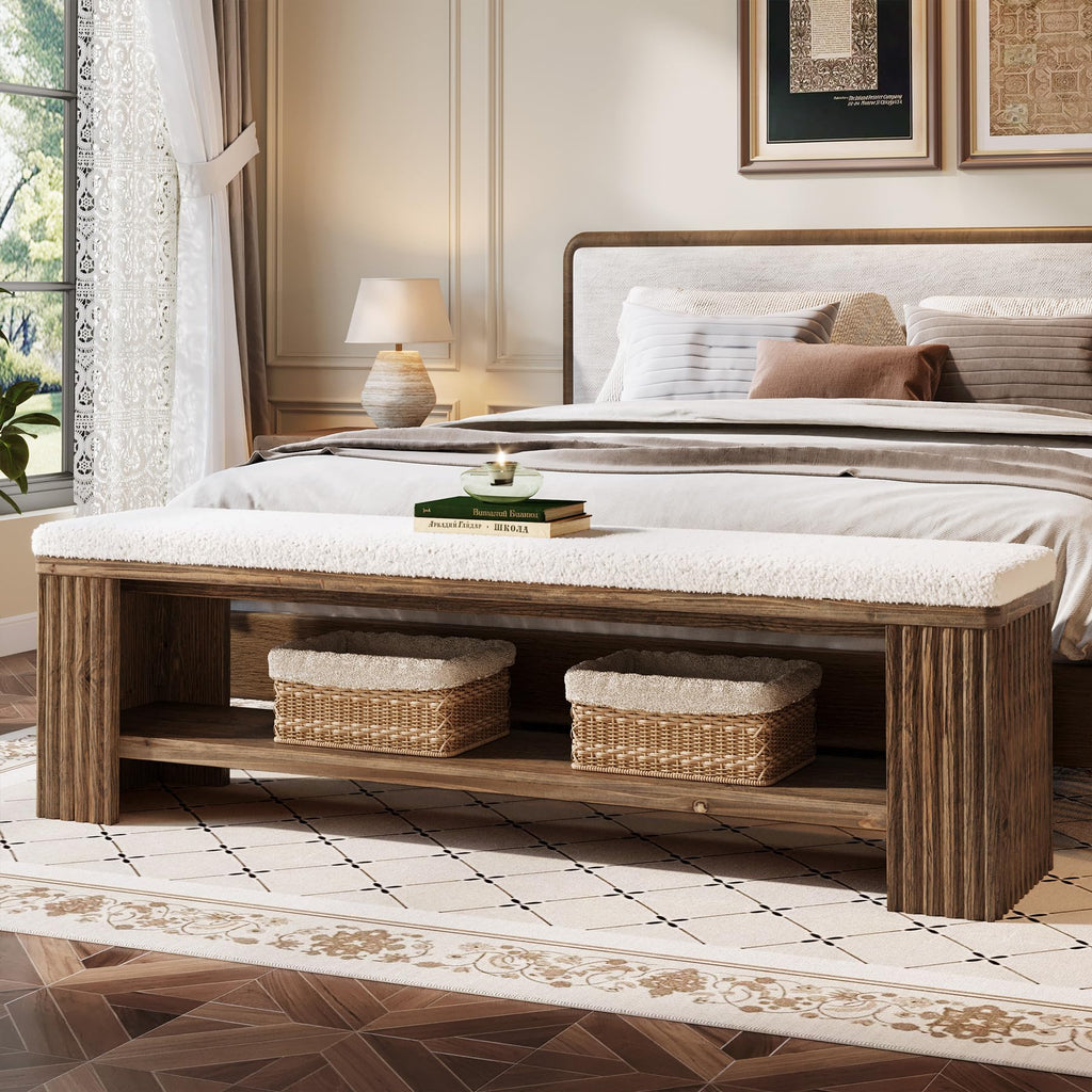 63" Solid Wood Entryway Bench, Farmhouse Upholstered End of Bed Bench with Removable Faux Lambswool Cushion and