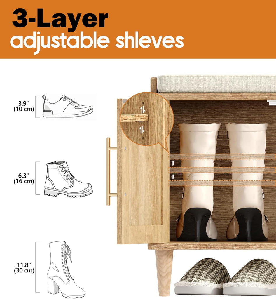 Rattan Shoe Storage Bench with Cushion, 2-Tier Entryway Bench with Adjustable Shelves and 4 Doors, 15" D x 47.2" W x