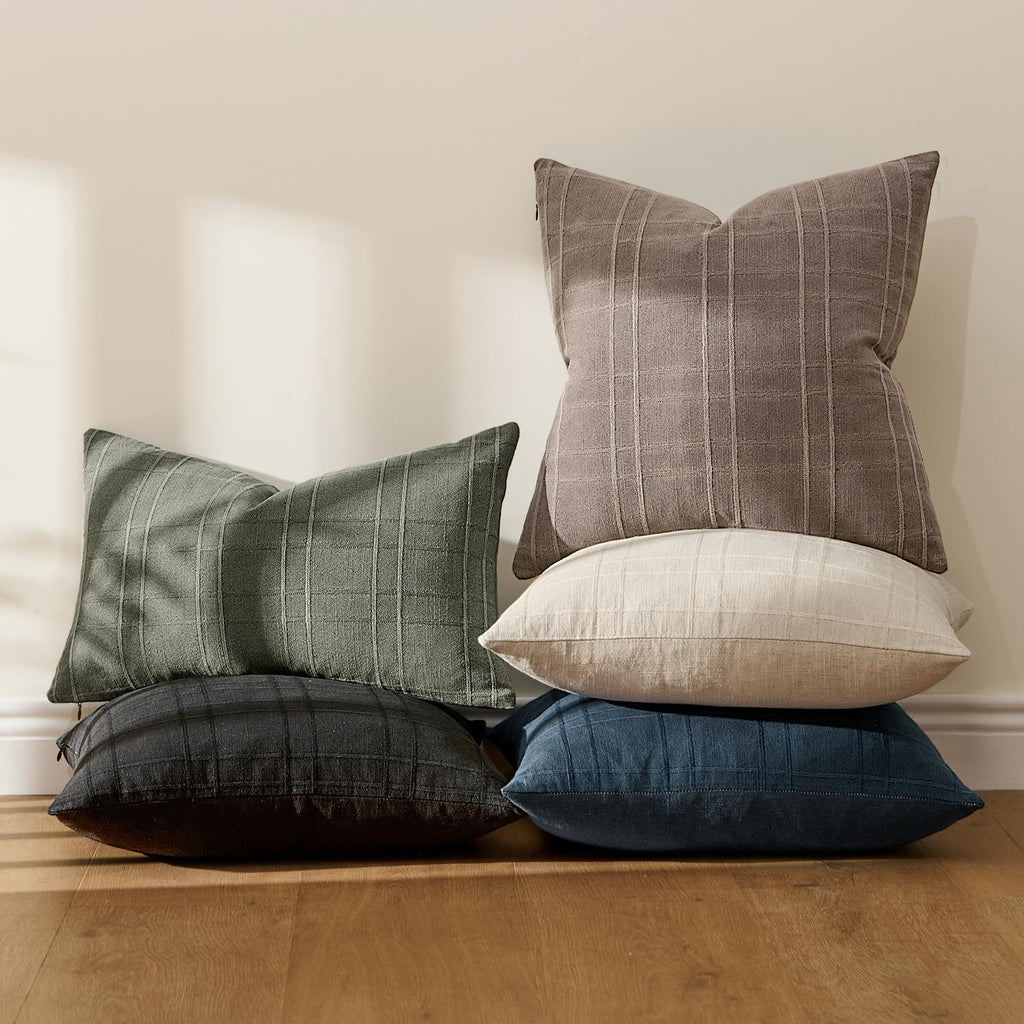 Linen Plaid Pillow Covers Fall Decorative 20x20 Taupe