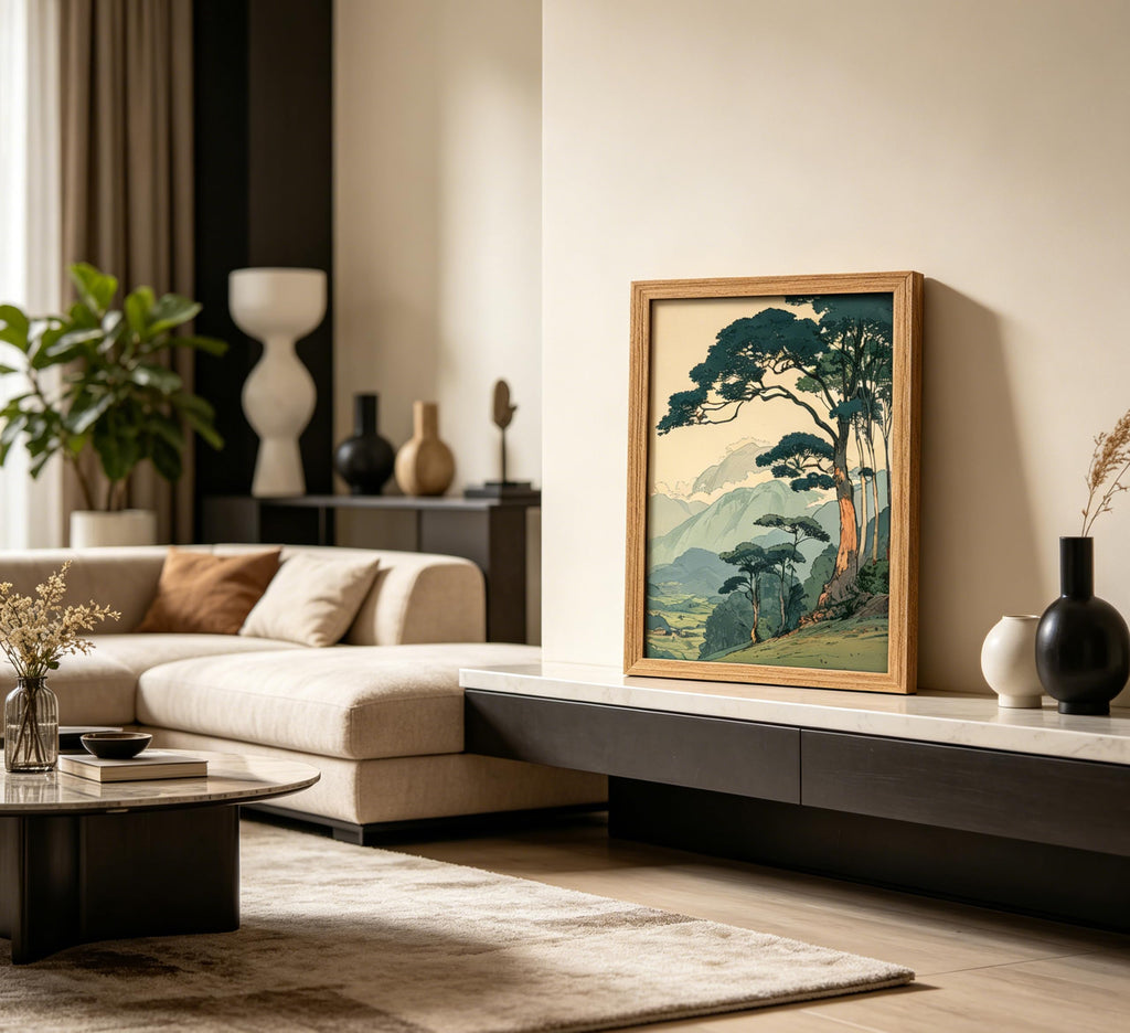 Framed Japanese Style Mountain Landscape Canvas Wall Art, Vintage Tree Scenery Print, Retro Woodblock Inspired Nature