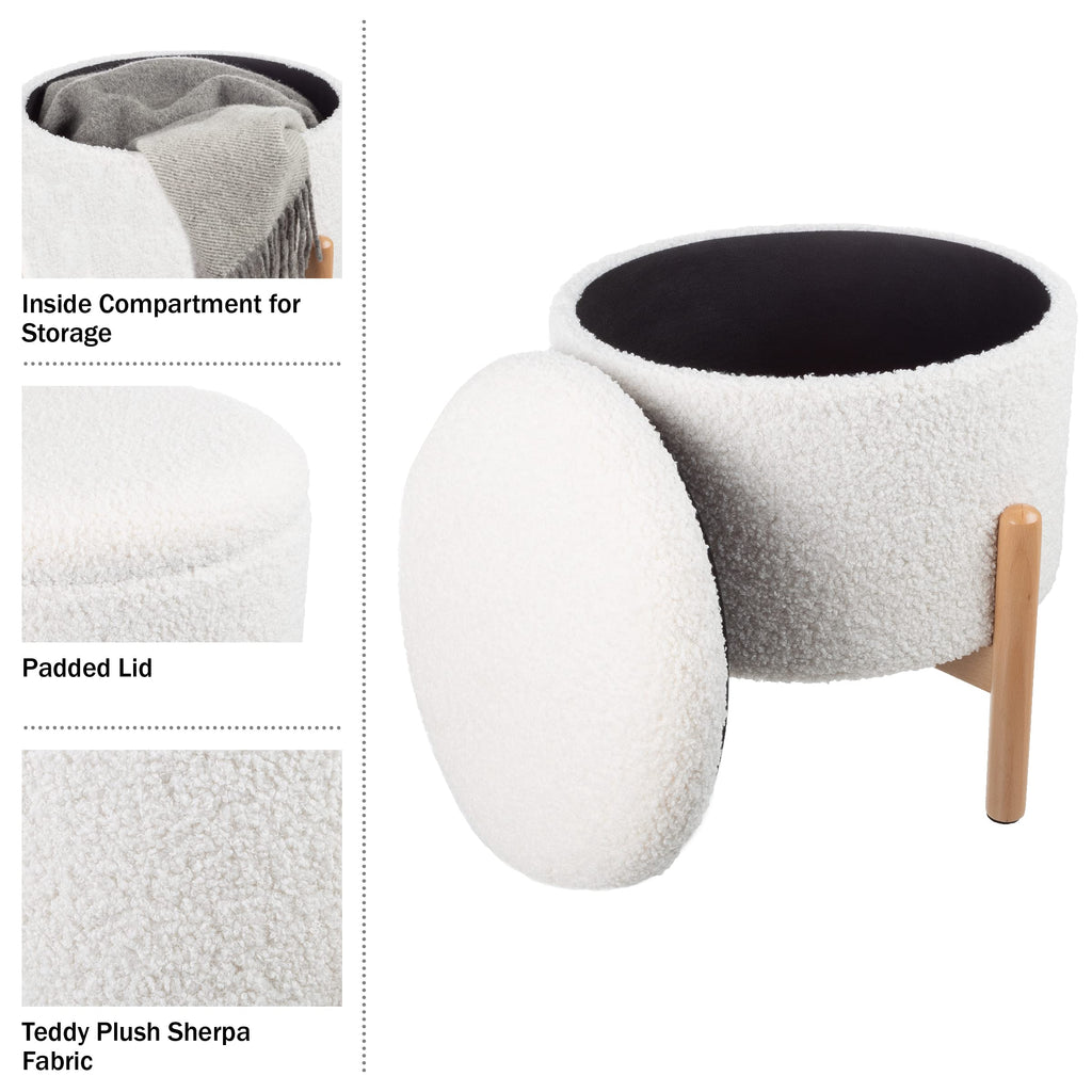 Round Sherpa Storage Ottoman Pouf with Removable Lid - Plush Couch Footrest & Hidden Organizer for Small Spaces, Dorm