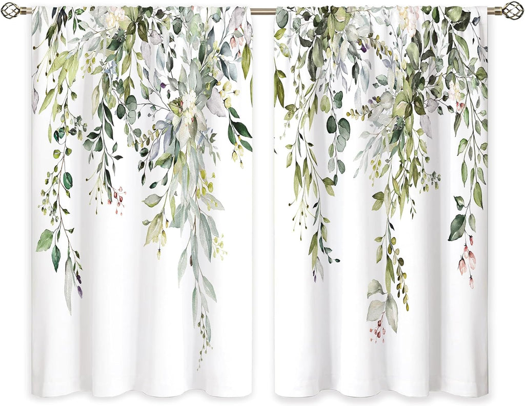 Eucalyptus Botanical Leaves Floral Kitchen Window Curtains Over Sink Boho Farmhouse Flower Leaf Small Window