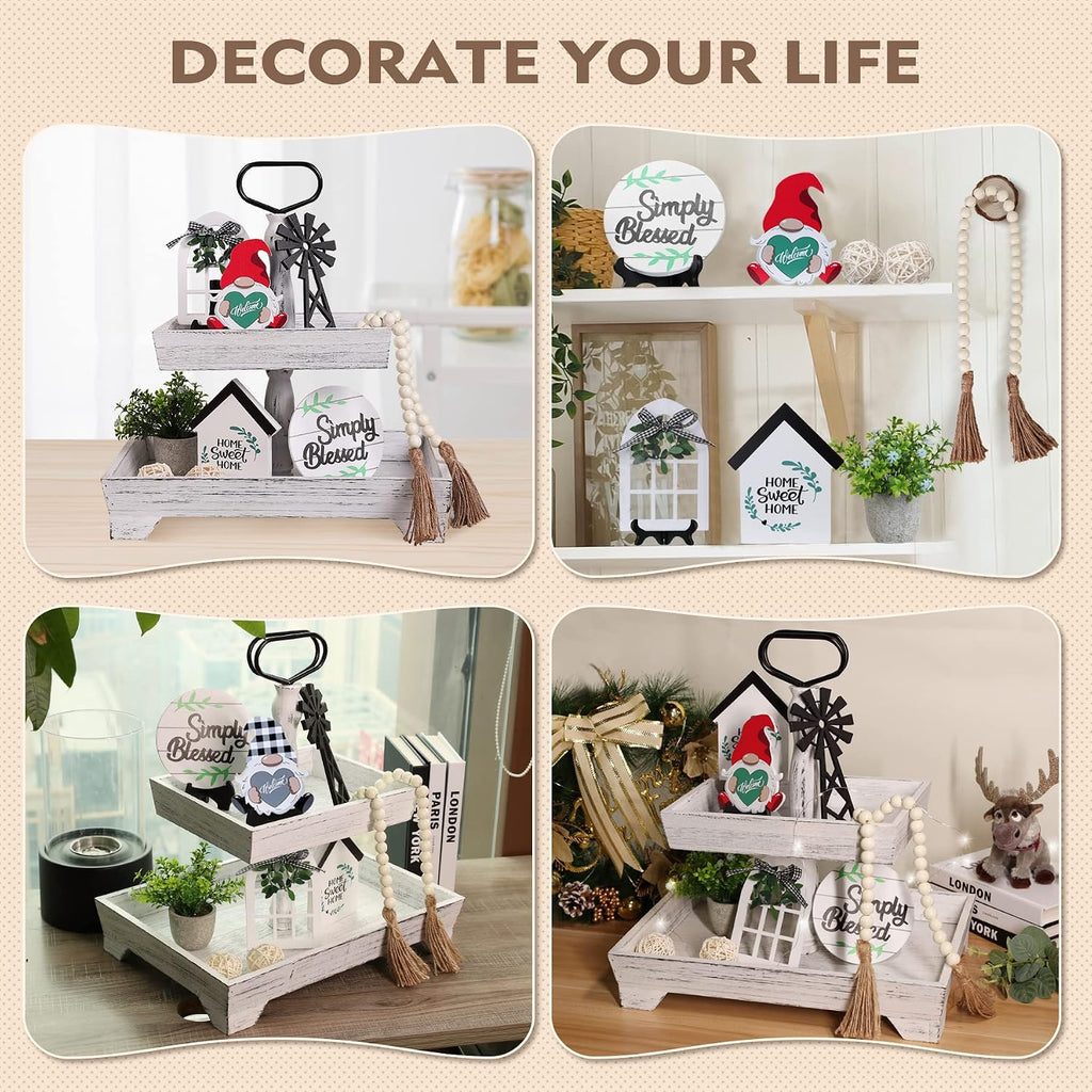 Farmhouse Tiered Tray Decor Set Wood Tiered Stand Decoration - Set of 11