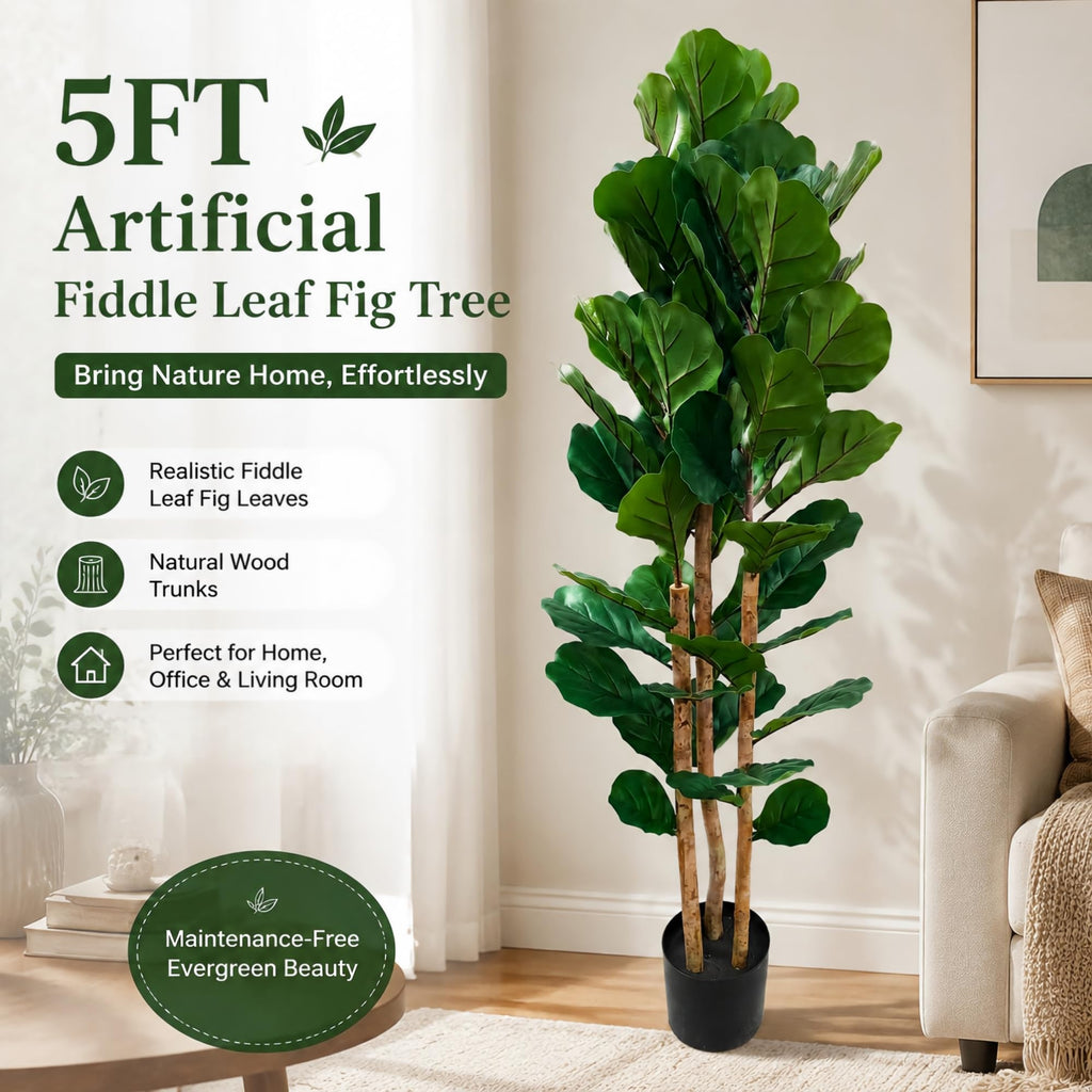 5FT Artificial Fiddle Leaf Fig Tree, Realistic Faux Tree