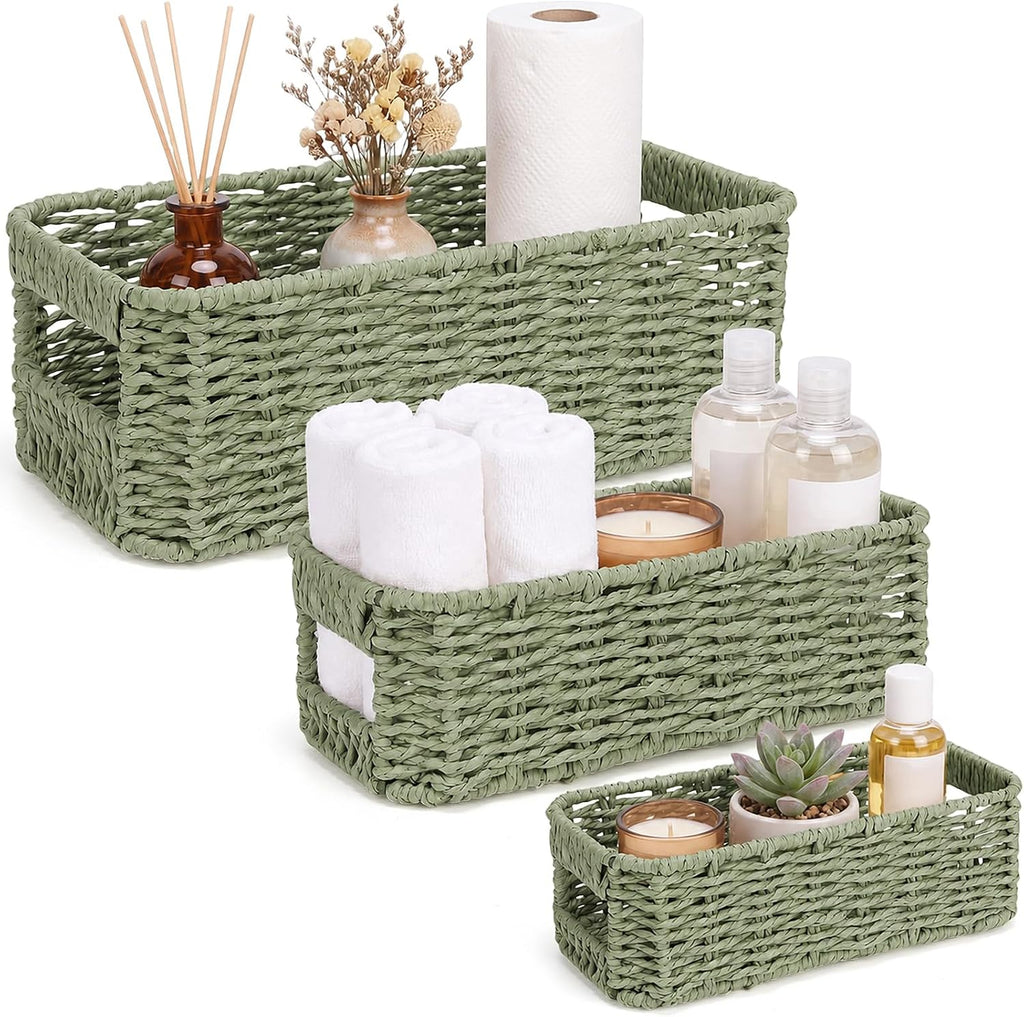 3 Set Wicker Storage Baskets for Organizing Paper Rope Baskets for Shelves Woven Decorative Organizer Basket with