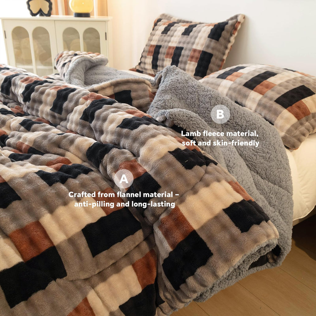 Flannel Sherpa Comforter Set, Soft Warm Reversible Plush Bedding Comforter with 2 Pillow Shams, Cozy Fluffy