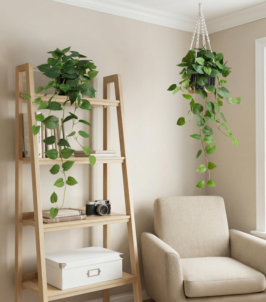 Fake Plants 2 Pcs Faux Pothos Plants Potted Indoor Artificial Hanging Plants Realistic Fake Greenery Table Desk