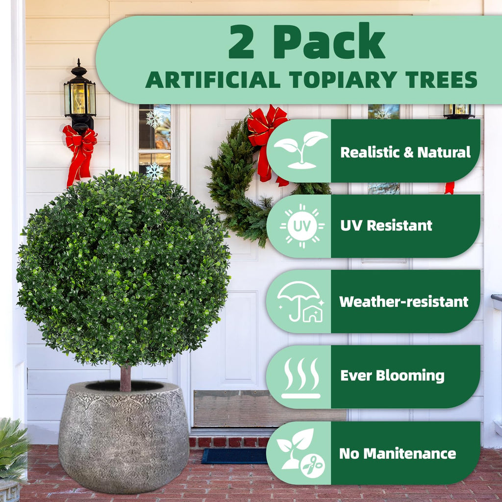 27.5" Artificial Boxwood Topiary Ball Tree, Set of 2 Fake Bushes Shrubs with Ground Spike, UV Resistant Faux