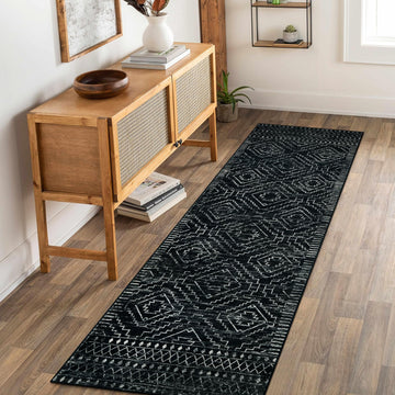 Moroccan Runner Rugs, Black Washable Boho Kitchen Non-Slip Rug Runner, Geometric Tribal Long Soft Bathroom