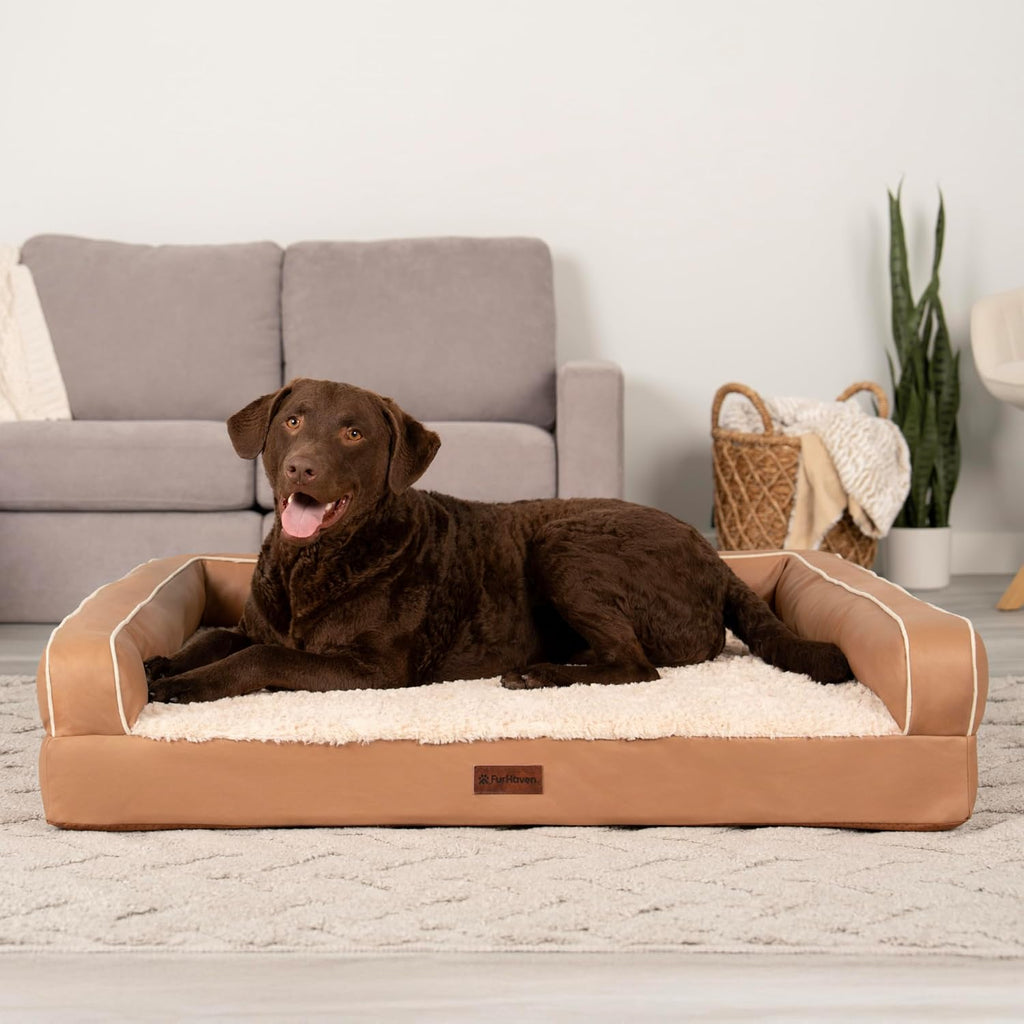 Orthopedic Dog Sofa Bed - Memory Foam Couch with Bolsters, Textured Plush & Water-Resistant Cover, Washable Cover