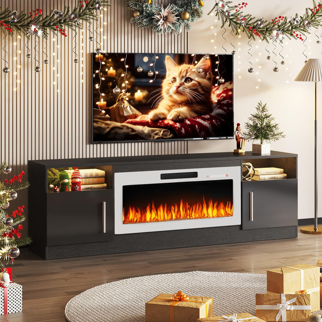 70", Modern LED Light Entertainment Center with Storage and 36" Fireplace, Media TV Console for TVs Up to 80", Fire