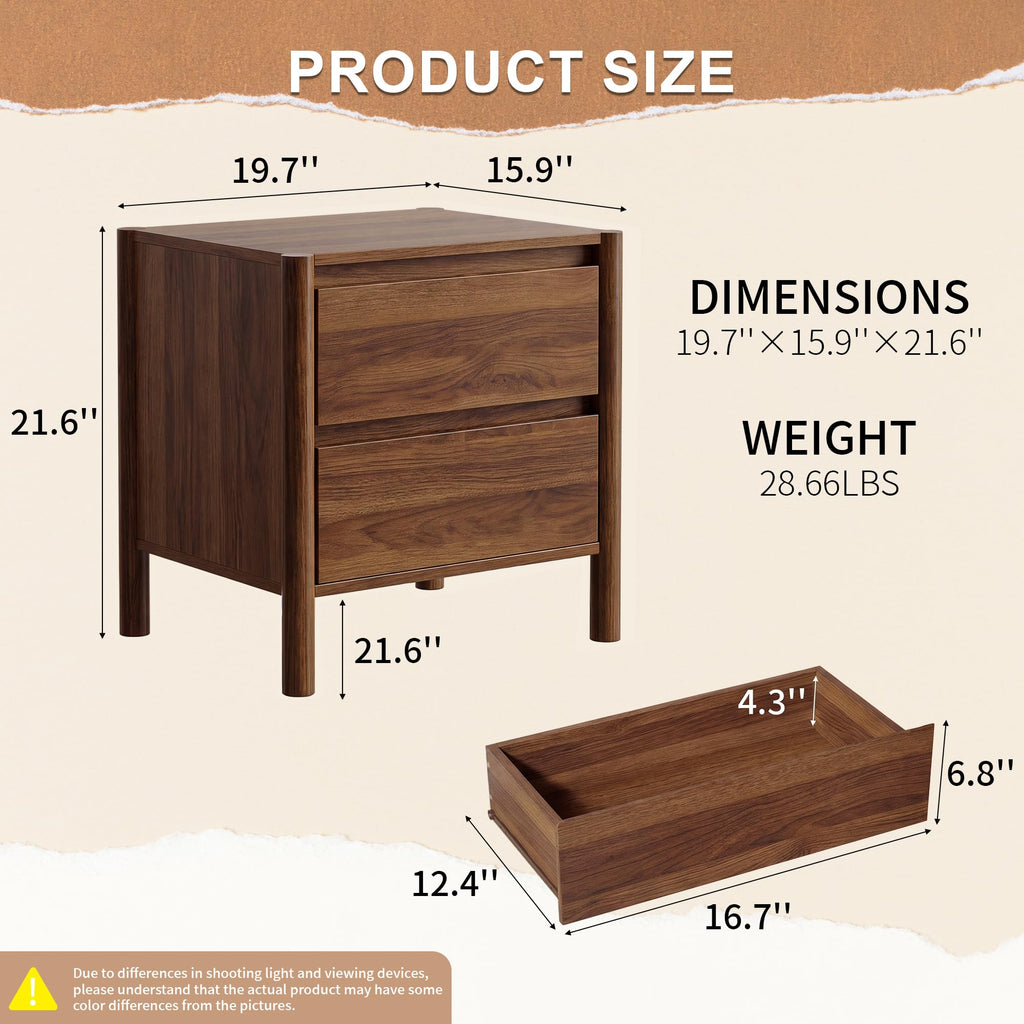 2 Pcs Walnut Nightstand Set, 2 Drawer Bedside End Table