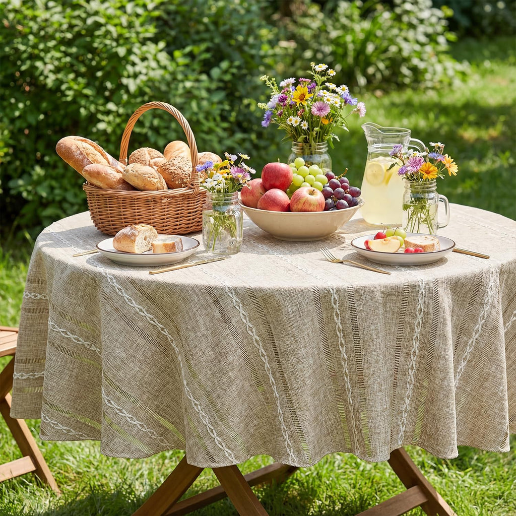 Light Coffee Round Tablecloth, 60×60 Inch, Farmhouse Style