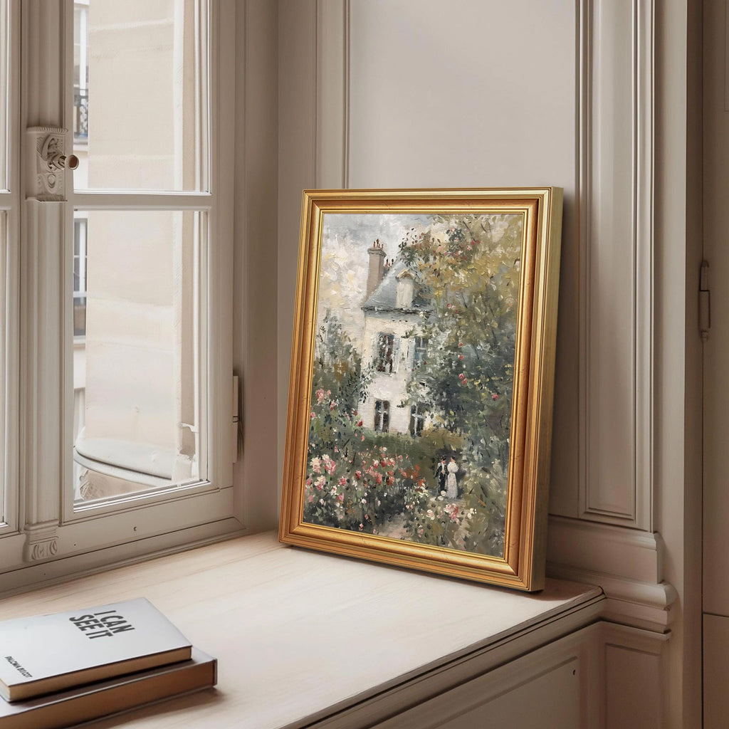 Impressionist Framed Canvas Wall Art House in Garden 12x16 inches