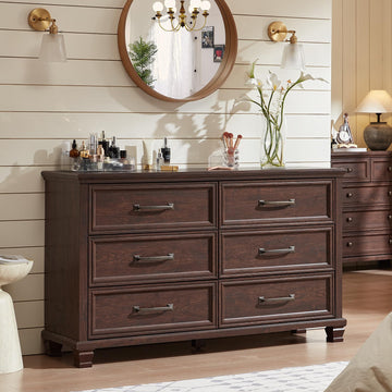Farmhouse Espresso 6 Drawer Dresser, 54 inch Wide Vintage Large Chest of Drawers with Wood Legs, Rustic TV Console