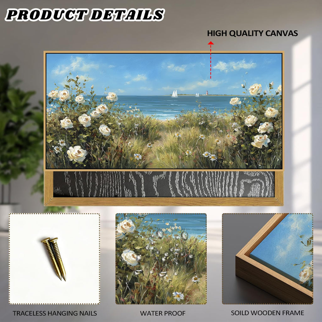 Blue Ocean Wall Art White Flowers Canvas Prints Nautre Coastal Wildflowers Pictures Beach Floral Painting Poster