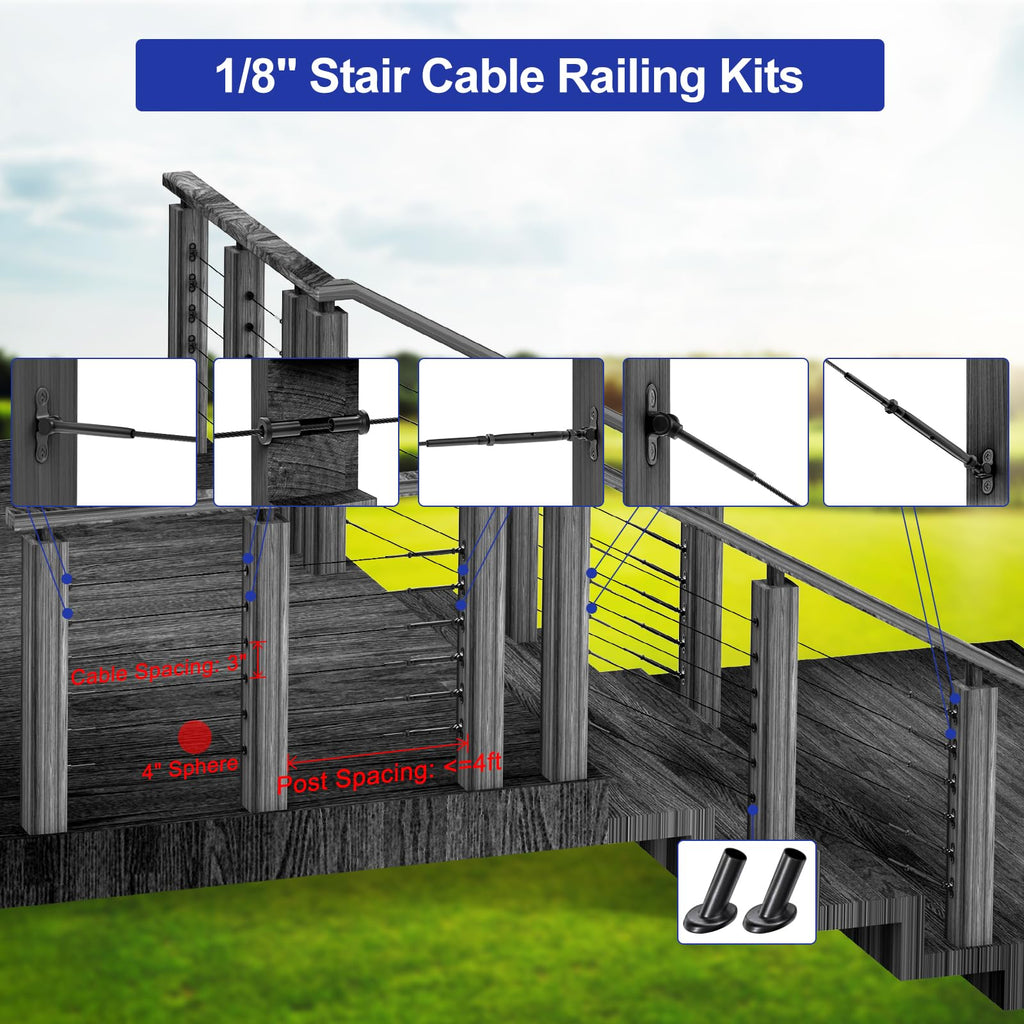 20 Pair 1/8" Black Cable Railing Kit Swage Toggle Turnbuckle Hardware