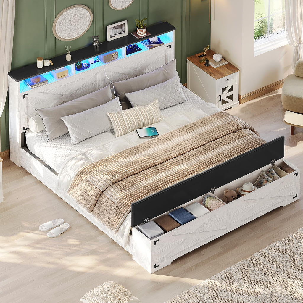 Bed Frame with Storage Ottoman, Farmhouse Bed Frame with Charging Station and Led Light, Headboard with
