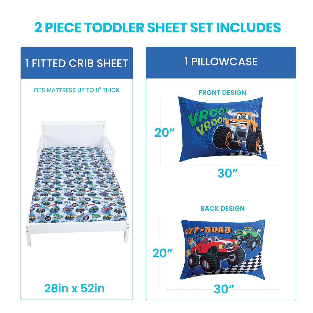 Monster Trucks Bedding Toddler Bed Sheets - 2-Piece Toddler Bed Sets for Boys Crib Size, Fitted Crib Sheet & 20x30
