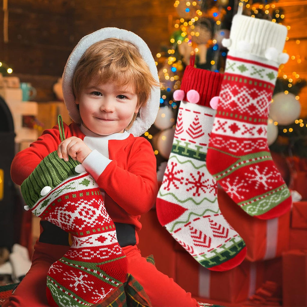 4 Pcs 20" Christmas Stocking with Pompoms Large Knit Xmas Decor