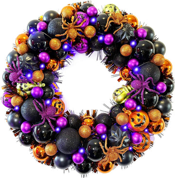 17 Inch Halloween Ball Wreath for Front Door with Lights | Lighted Cute Treat-or-Trick Door Wreath Ball Ornament for