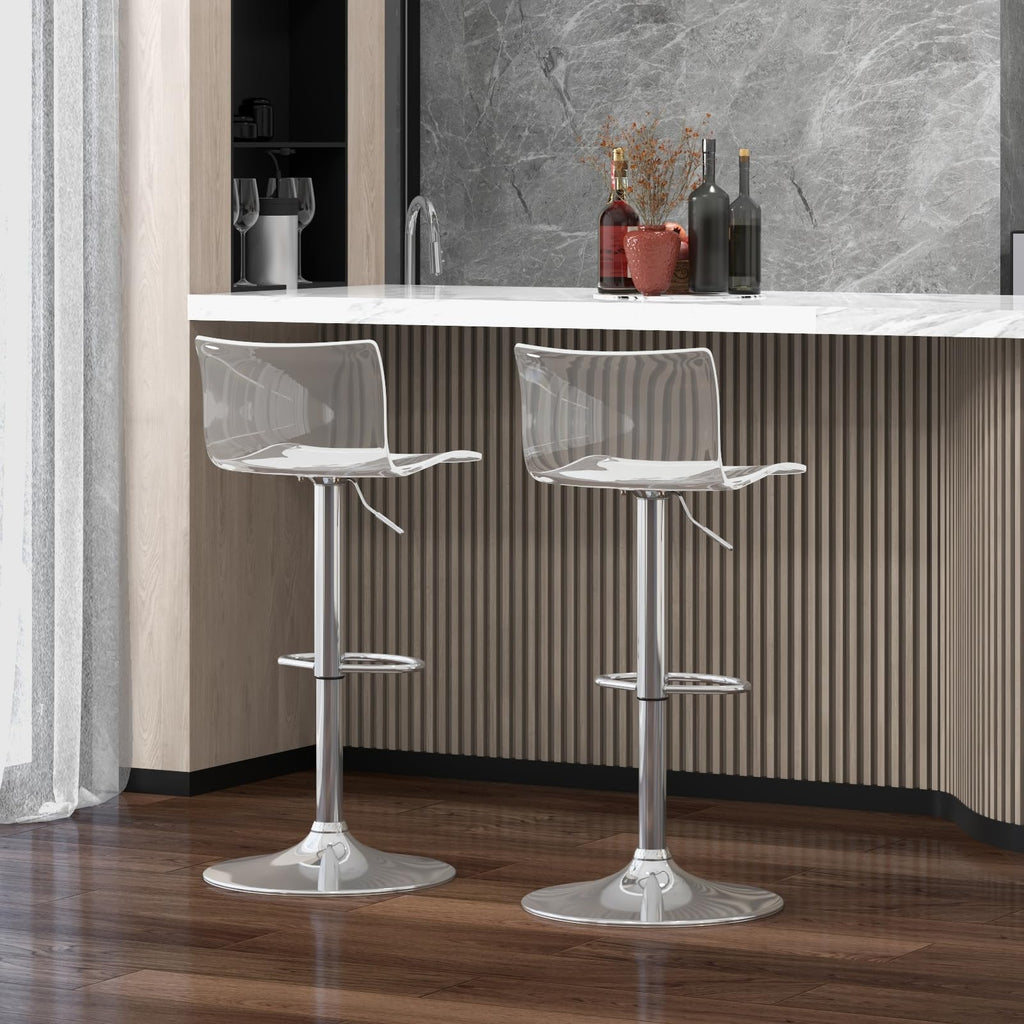 Acrylic Bar Stools with Mid Back Set of 2 Adjustable Swivel Airlift Clear