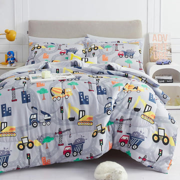 Kids Twin Comforter Sets for Boys 6 Pieces Excavator Grey Bedding Set for Teens Soft Microfiber Kids Bed in A Bag