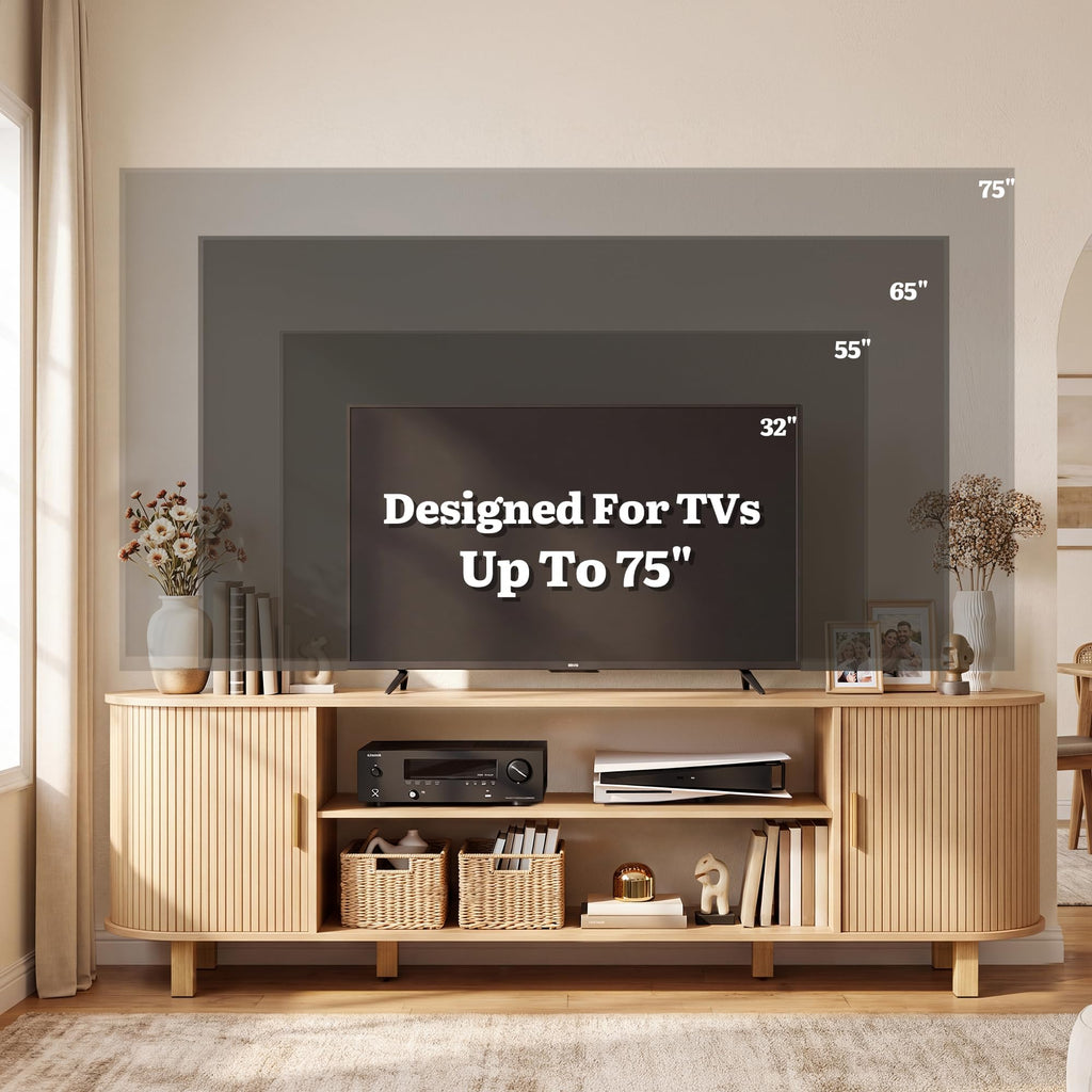 70" Mid Century TV Stand with Fluted Sliding Doors, Natural Oak
