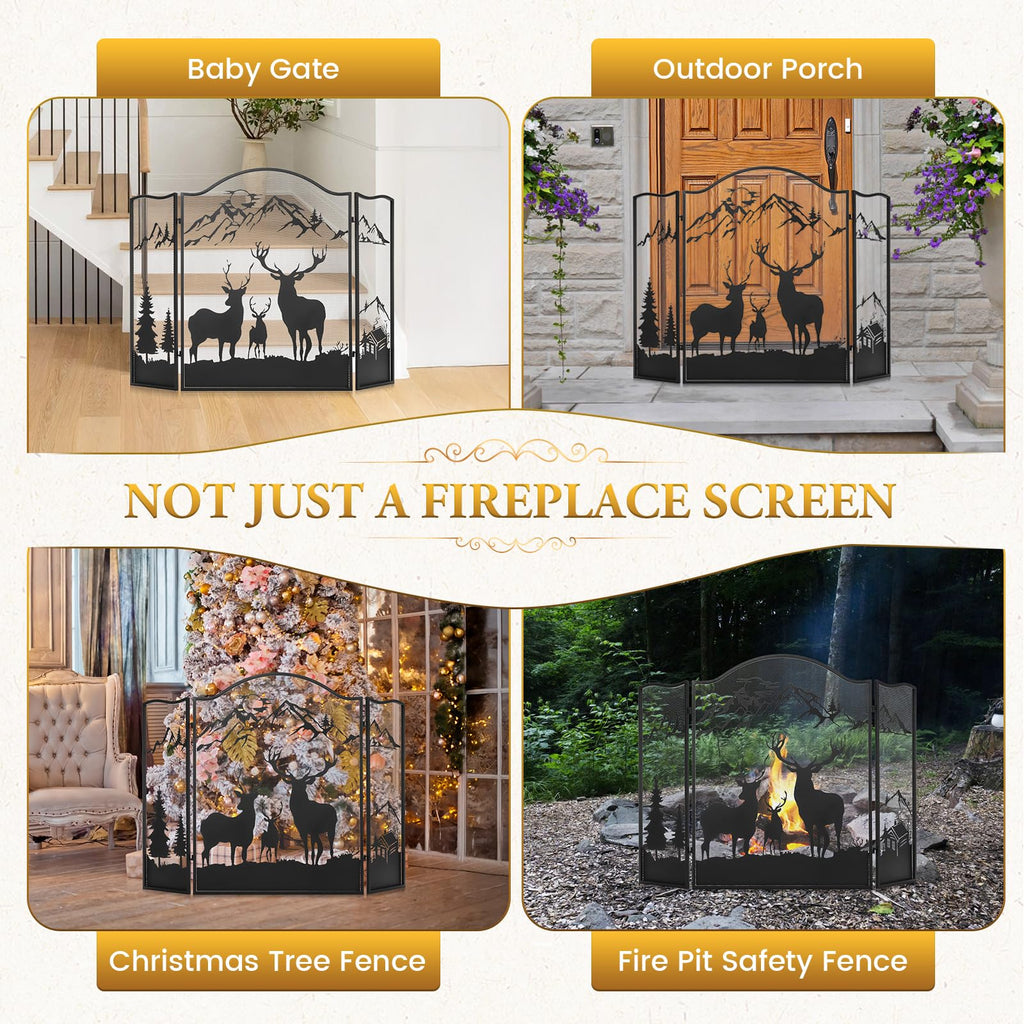 3-Panel Fireplace Screen, Deer Pattern Fire Guard, Rustic, 50" x 36"