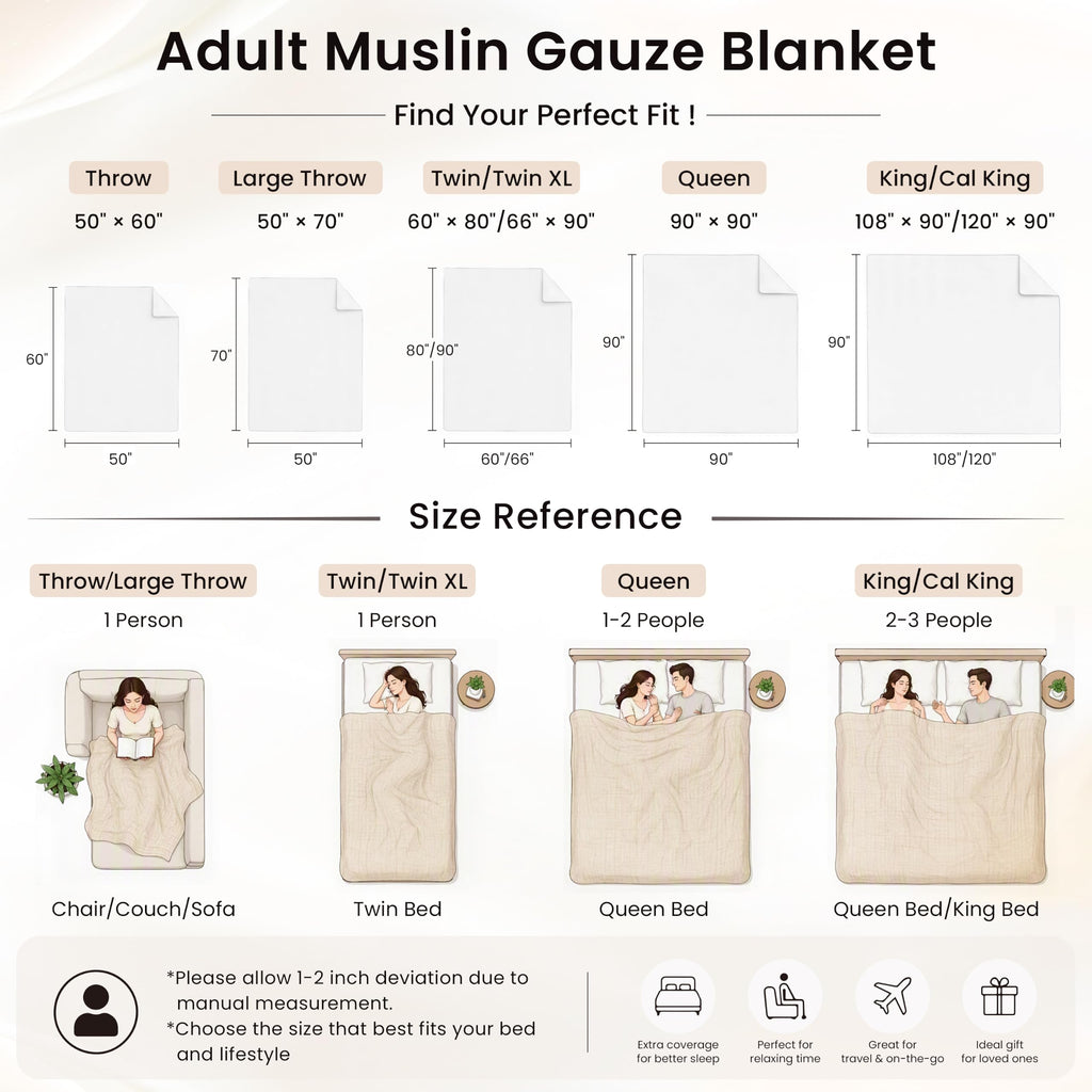 100% Cotton Muslin Blanket King Size for Bed, White
