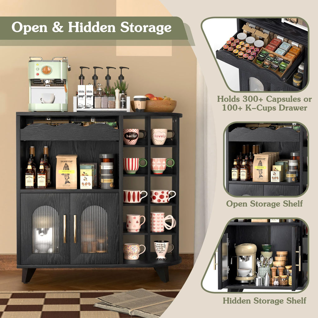 Coffee Bar Cabinet with 24-Cup Display, Large Drawer & Storage, Modern Buffet Sideboard, Medium Wooden Bar Station