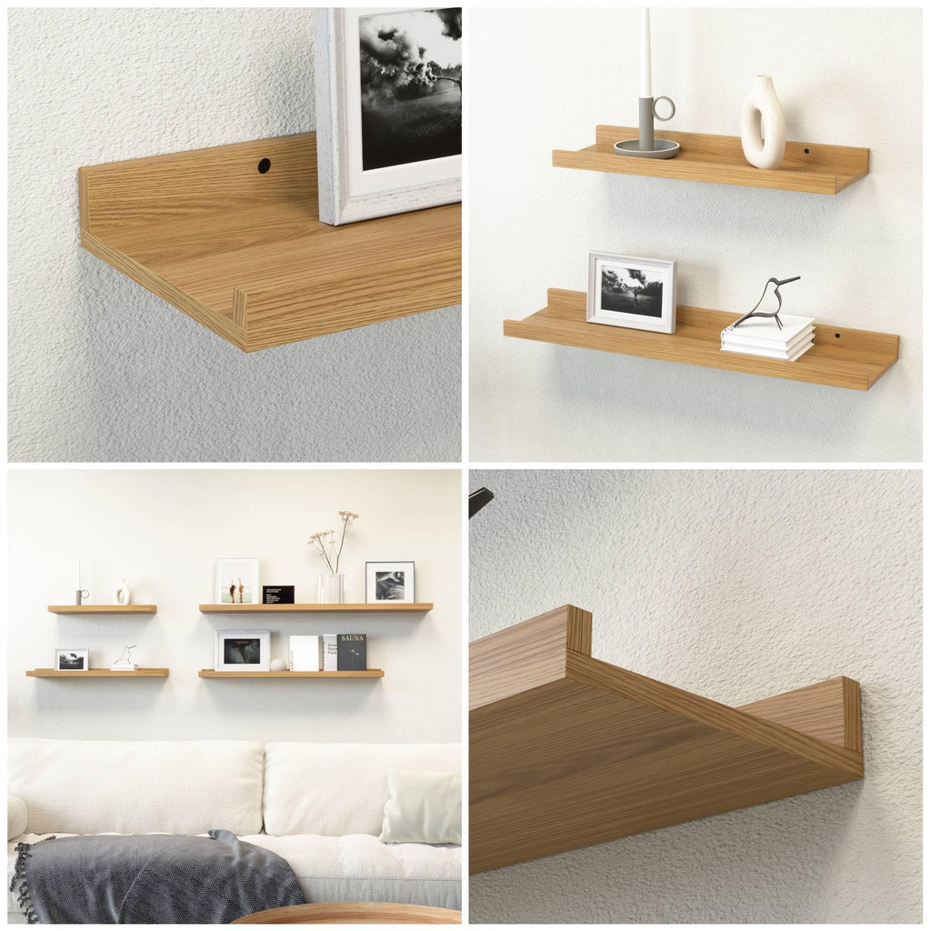5-Set Floating Shelves with Lip, Oak Wall Mounted Wood Shelf