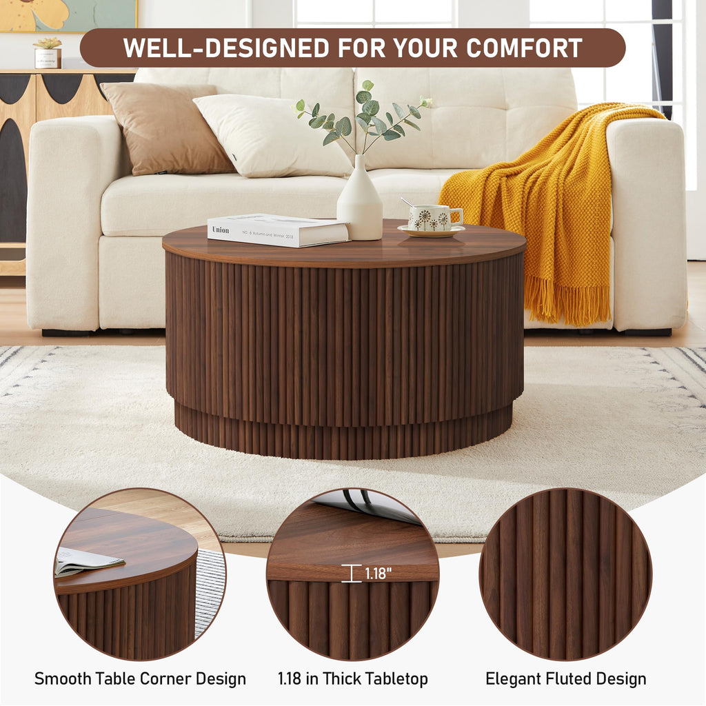 31.5" Round with Storage, Mid Century Modern Coffee Tables with Fluted Base, Wooden Circle Accent Center Table Small