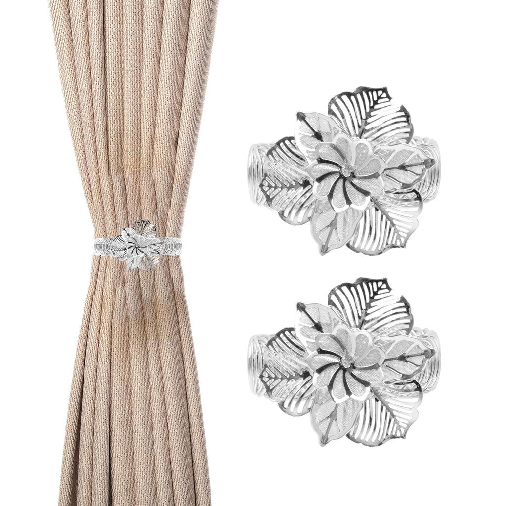 Silver Flower Curtain Tiebacks, No-Drill Spring-Loaded, 2Pcs