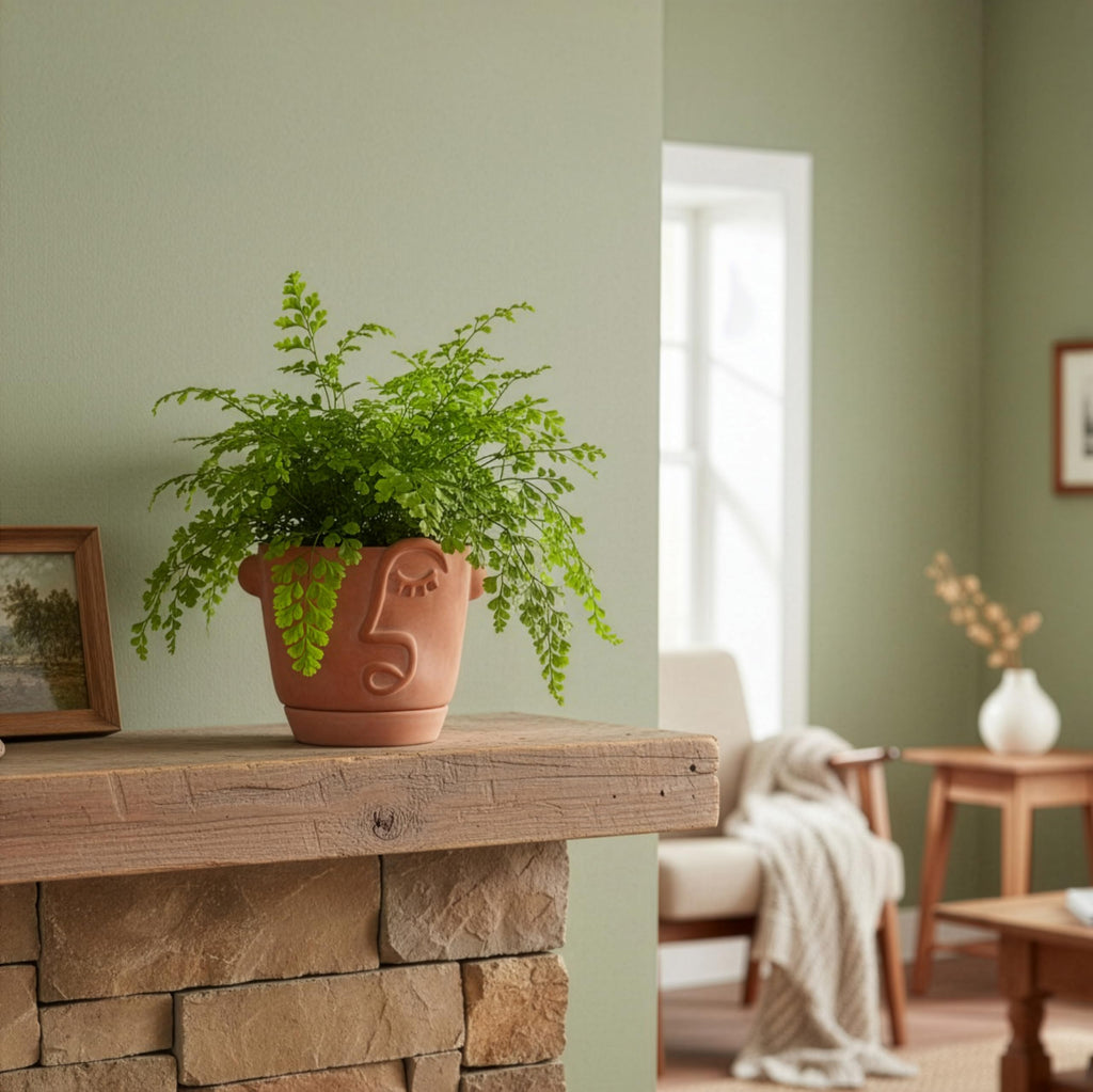 5.9 Inch Terracotta Abstract Face Planter with Drainage & Saucer - Artistic Ceramic Flower Pot for Indoor Plants