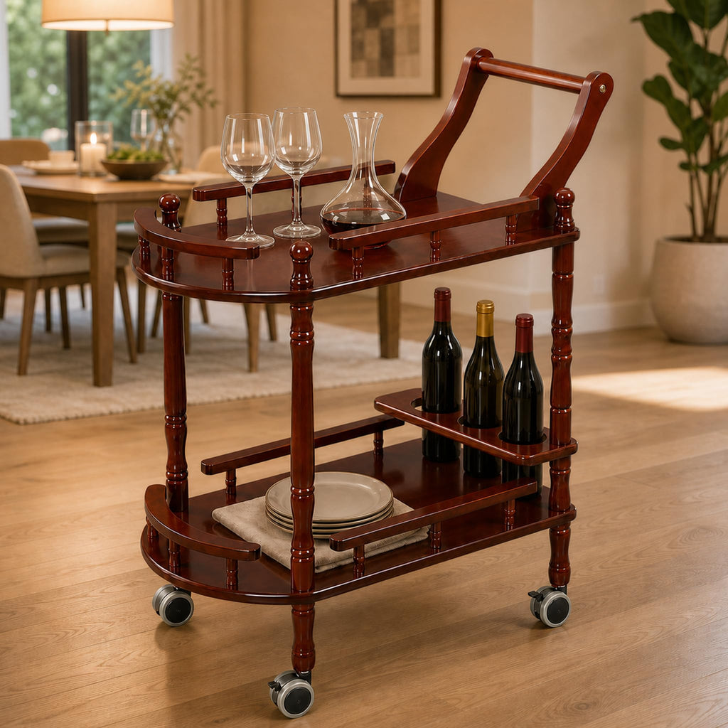 Entertainment Kitchen Cart, Midcentury Modern Imported rubberwood Brown Finished Wood 2-Tier Mobile Bar Cart Serving