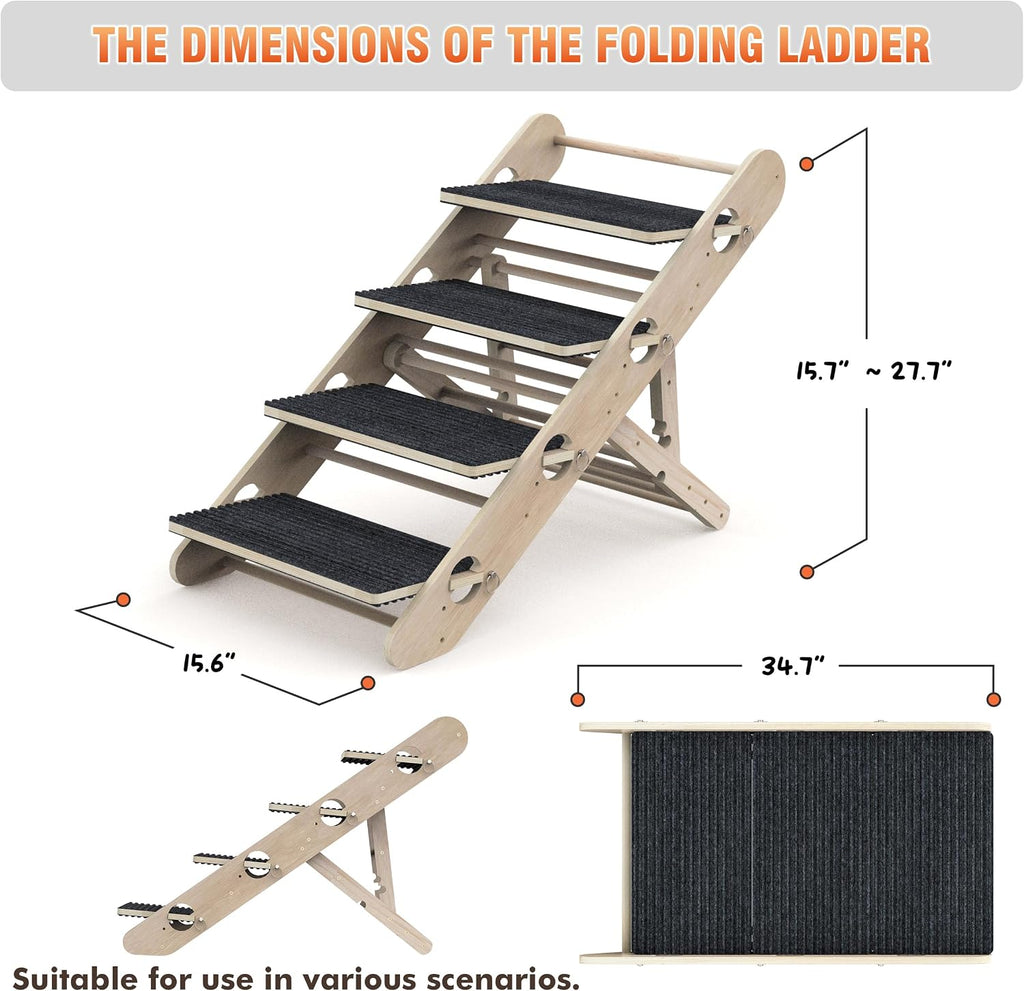 Dog Ramp for Bed, Foldable 15"x34" Solid Wood Pet Stairs for Small Dog