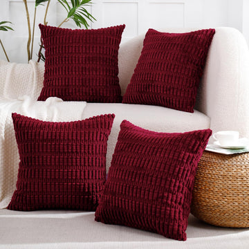 Burgundy Christmas Throw Pillow Covers 18x18 Farmhouse Home Decor Soft Plush Striped Corduroy Square Cushion - Set of 4