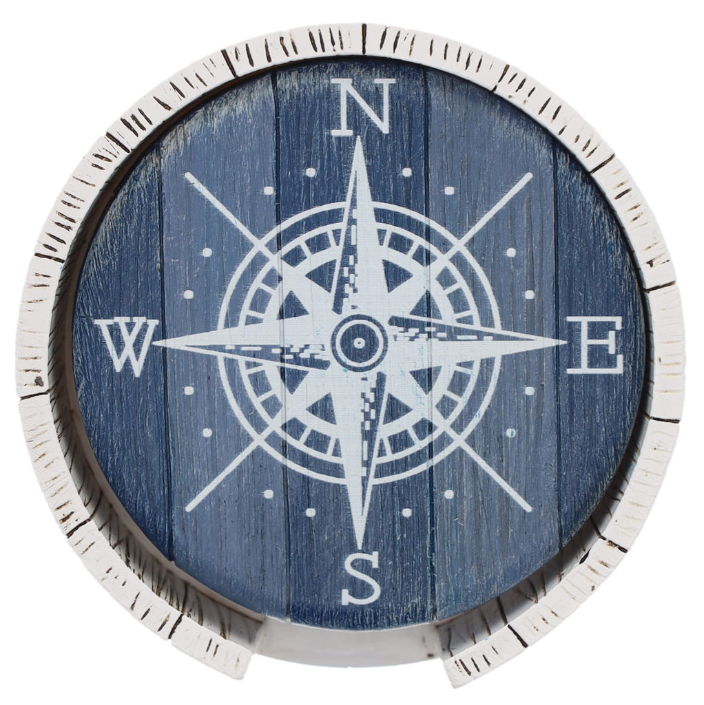 Compass Rose Coaster Set - Nautical Ocean Beach Boat Coastal Decor - Rustic Weathered Blue/White Finish