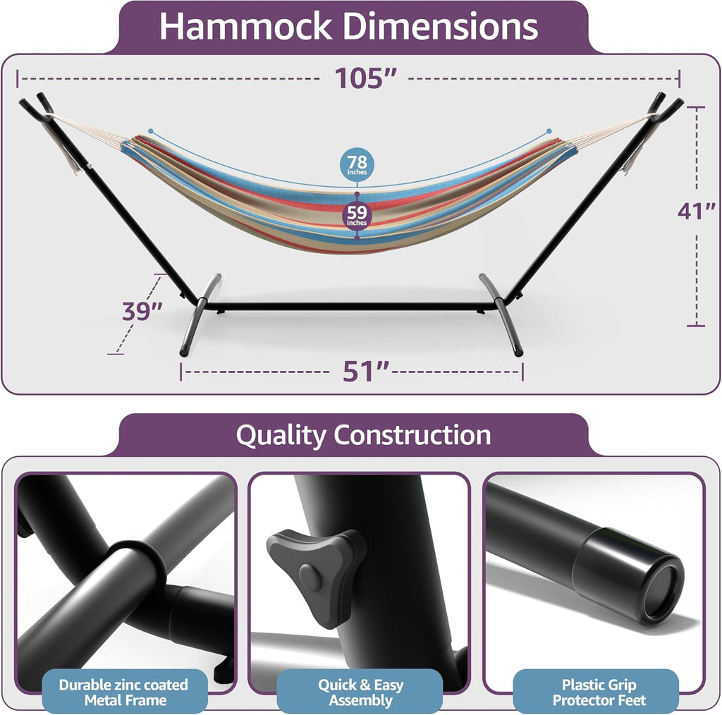 2-Person Luxury Hammock with Steel Stand- Premium Cotton Blend 60" Large Bed- Heavy Duty 450lbs Portable w/Carrying