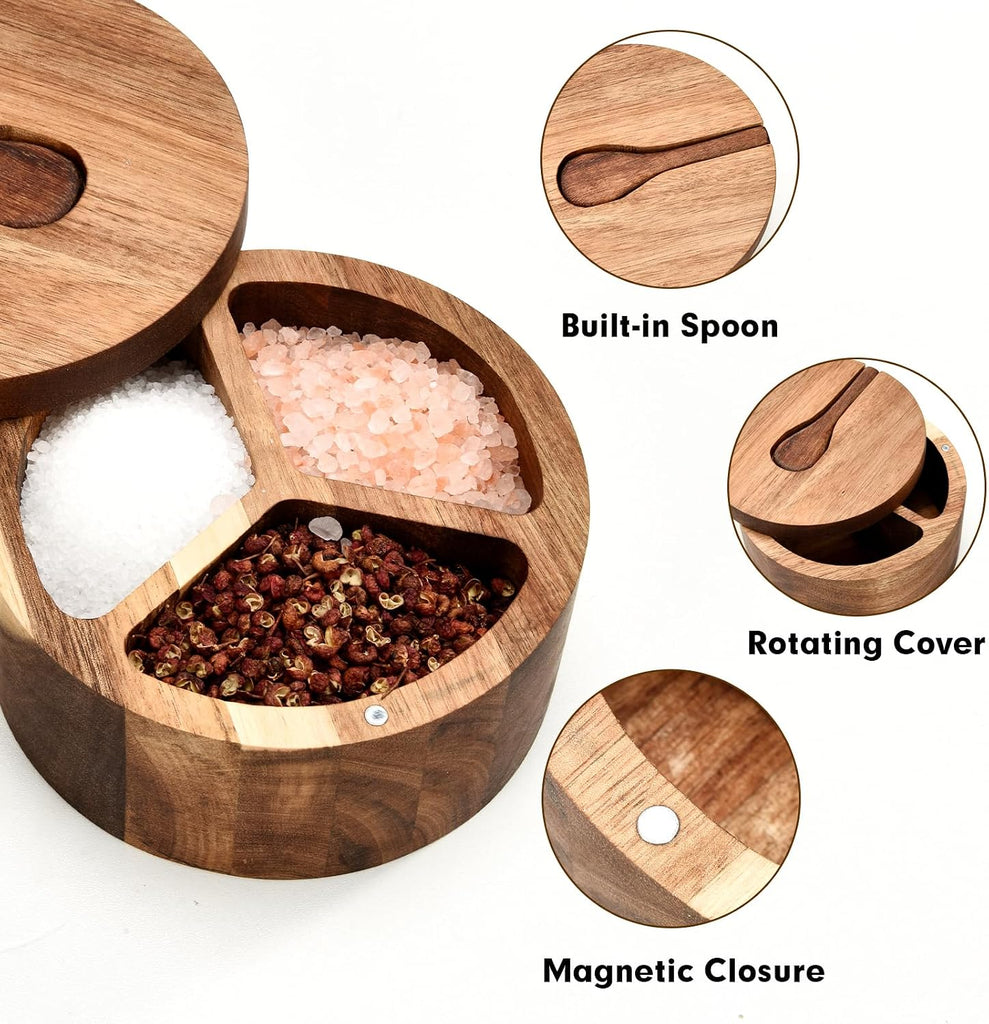 Wood Salt and Pepper Box, 3 Compartment Salt and Pepper Cellar With Lid and Spoon,Spice Condiment Container Countertop