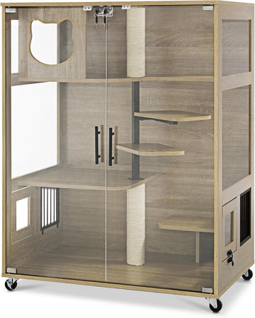 Wooden Luxury Cat House Furniture with Glass Door Indoor Use