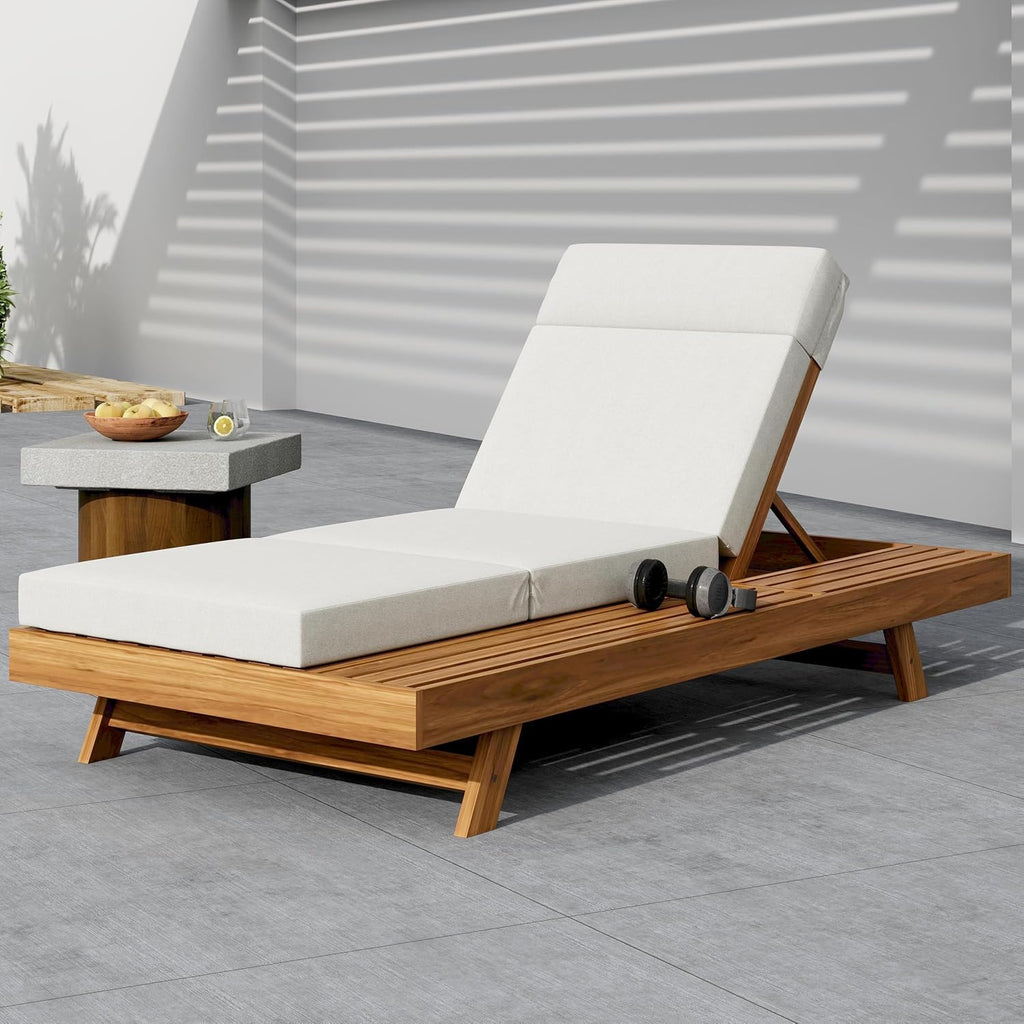 Wood Chaise Lounge with 4'' Four-Folds Cushion, Outdoor 79'' Patio Recliner Chair with 4-Position Adjustable